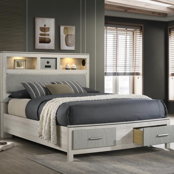 Weston-LIGHT BEIGE/DOVE GRAY QUEEN BED W/ SPEAKER & LED