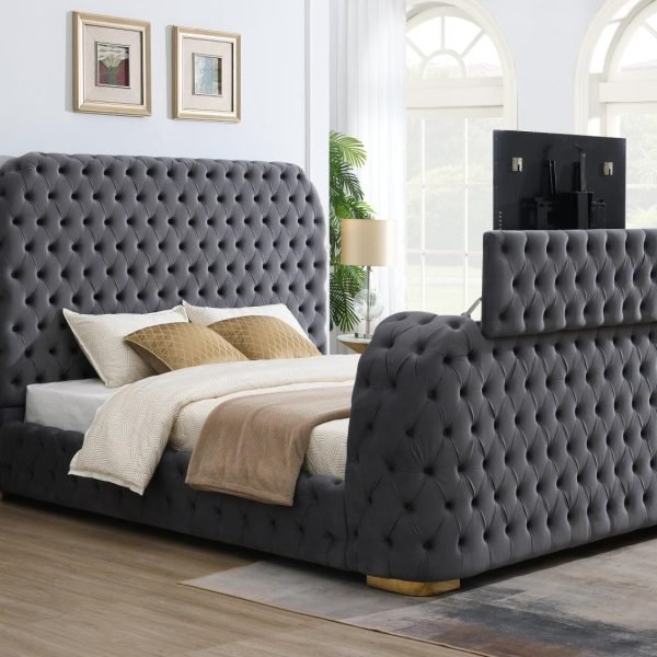 Adrian-GRAY VELVET QUEEN BED W/FIREPLACE, TV MOUNT & BLUETOOTH SPEAKER & USB