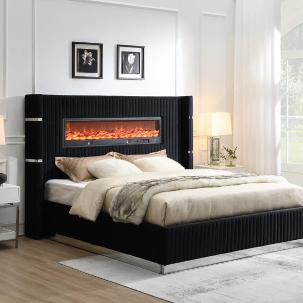 Beatrice-BLACK VELVET KING BED W/FIREPLACE & BLUETOOTH SPEAKER & USB