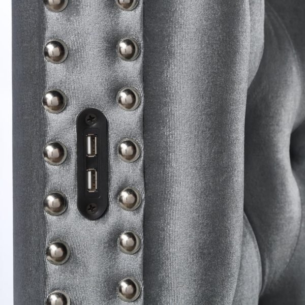 Ethan-GRAY VELVET KING BED W/BLUETOOTH SPEAKER & USB