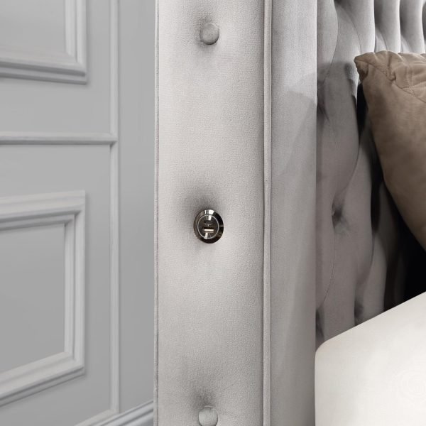 Rosalie-GRAY VELVET QUEEN CANOPY BED W/BLUETOOTH SPEAKER & USB