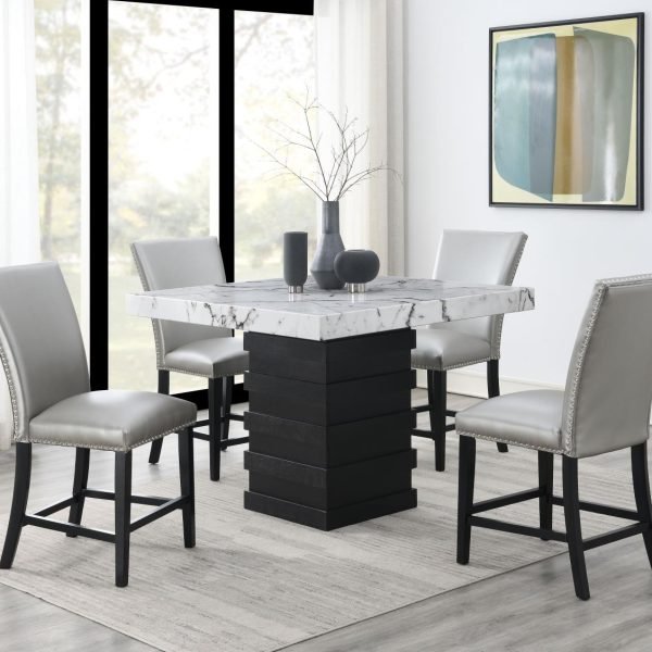 Theodora-COUNTER TABLE & 4 SILVER LEATHER CHAIRS