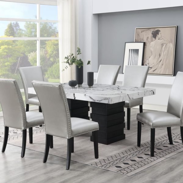 James-DINING TABLE & 4 SILVER LEATHER CHAIRS