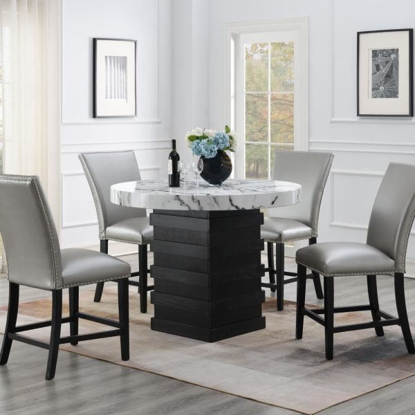 Juniper-COUNTER TABLE & 4 SILVER LEATHER CHAIRS