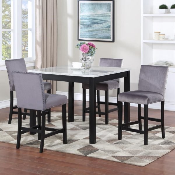 Valeria-WHITE MARBLE DINING TABLE W/ 4 GRAY VELVET CHAIRS