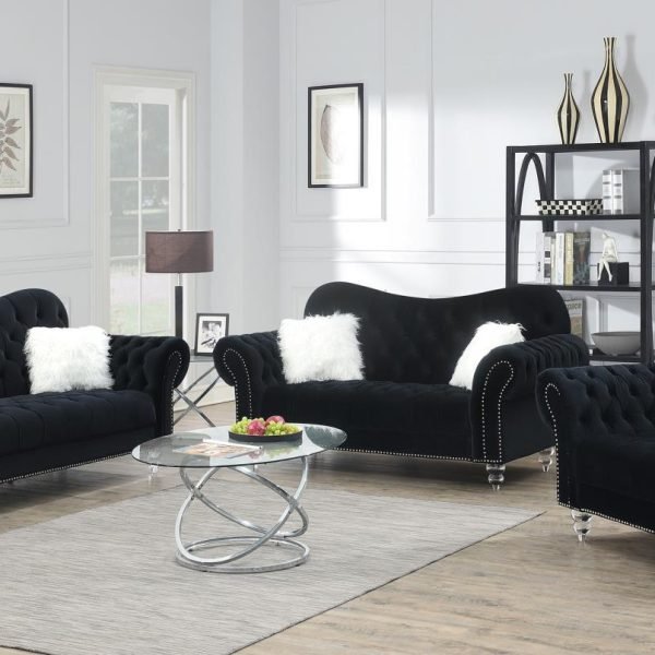 Francis  -BLACK SOFA W/TWO WHITE FUR PILLOWS & ACRYLIC LEGS