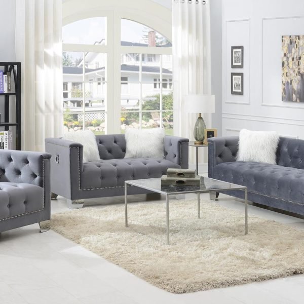 Harper  -GRAY SOFA W/TWO WHITE FUR PILLOWS & ACRYLIC LEGS