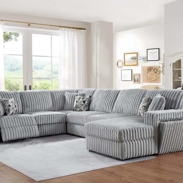 Kara  -GRAY CORDUROY POWER RECLINING 4 PC SECTIONAL W/2 WIRELESS CHARGER