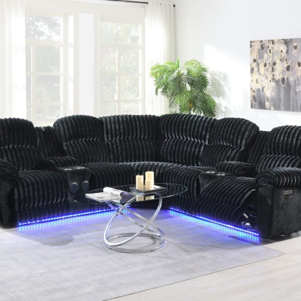 Yvette  -BLACK CORDUROY POWER 3 PC SECTIONAL W/BLUETOOTH SPEAKER, AND WIRELESS CHARGER