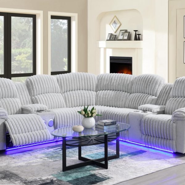 Yvonne  -GRAY CORDUROY POWER 3 PC SECTIONAL W/BLUETOOTH SPEAKER, AND WIRELESS CHARGER