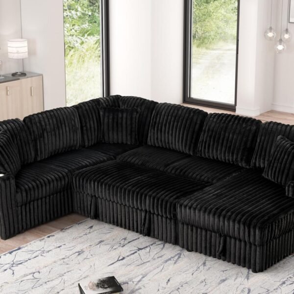 Prism - 3PC Black Sectional with Pull-Out Sleeper, Lift-Up Storage Chaise, and Built-In Cup Holders