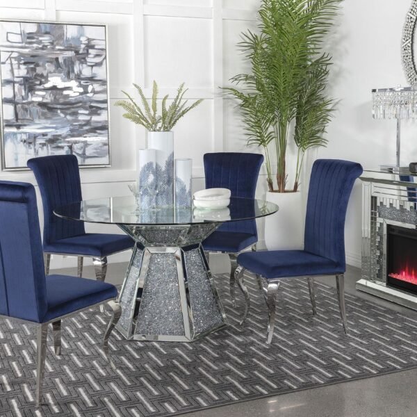 Quinn 5-piece Round Glass Top Mirrored Dining Set Ink Blue