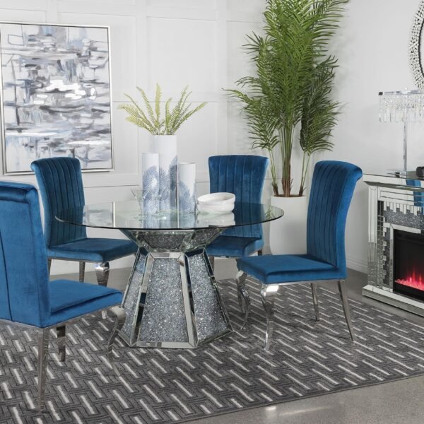 Quinn 5-piece Round Glass Top Mirrored Dining Set Teal