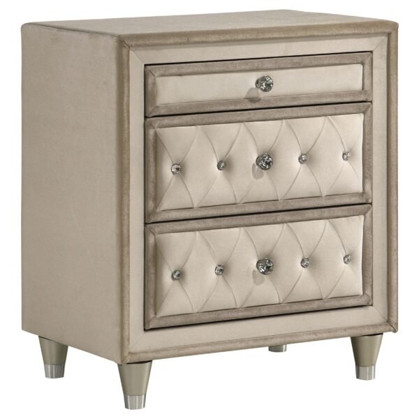 Antonella Upholstered 3-drawer Nightstand Ivory and Camel