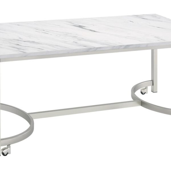 Leona Faux Marble Coffee Table with Casters Satin Nickel